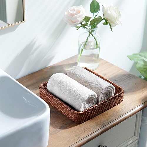 Miniatura 3 de Bandeja de servir de ratán, bandeja tejida rectangular, cestas decorativas de mimbre natural para organizar la mesa, baño, encimera de cocina