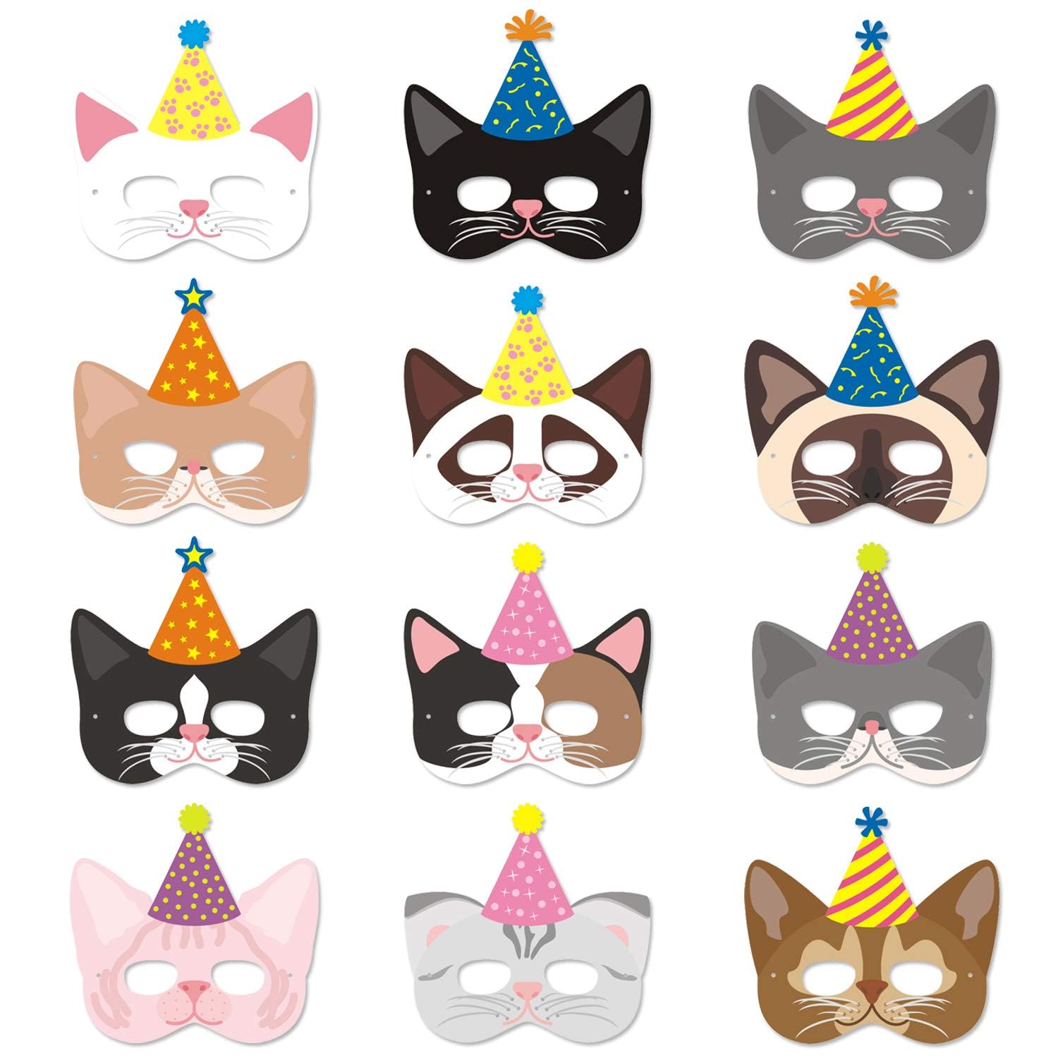 Distaratie 12 PCS Cat Paper Masks for Party Decorations, Cute Cat Face Masks for Photo Booth Props, Cat-Themed Party Accessories