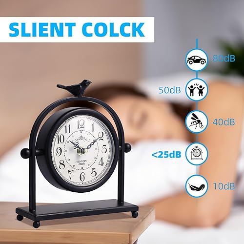 Vista 5 de MODE HOME Reloj de mesa silencioso a pilas de metal negro analógico con pájaro, pequeño reloj de mesa para decoración de granja, estante