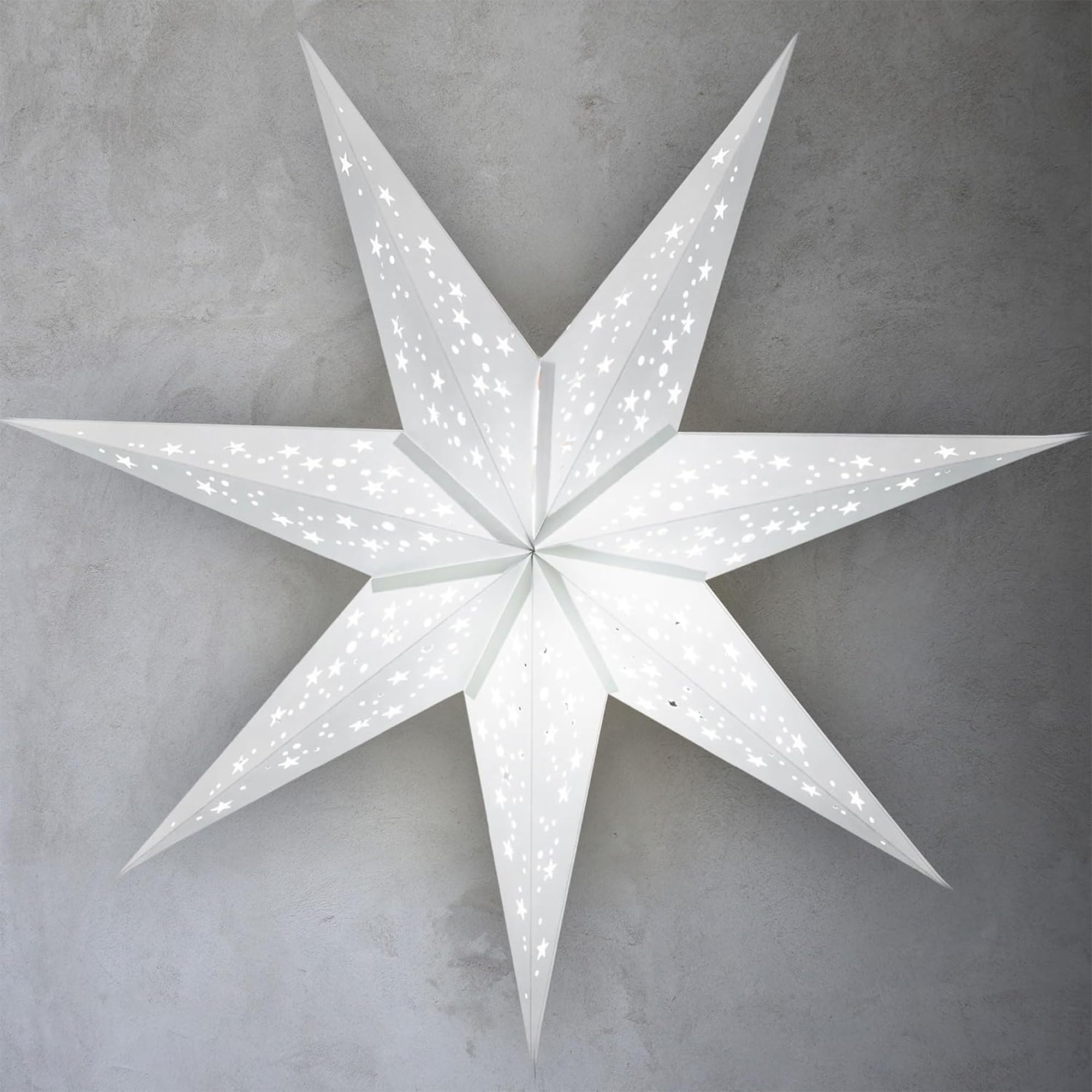 GalaxyArts Papierowe lampiony w kształcie gwiazd, 61 cm Naxatra (białe średni), świecące, drążone, 7 szpiczastych gwiazd, wisząca lampa, dekoracja na ślub, święta, urodziny, przyjęcie, Boże Narodzenie