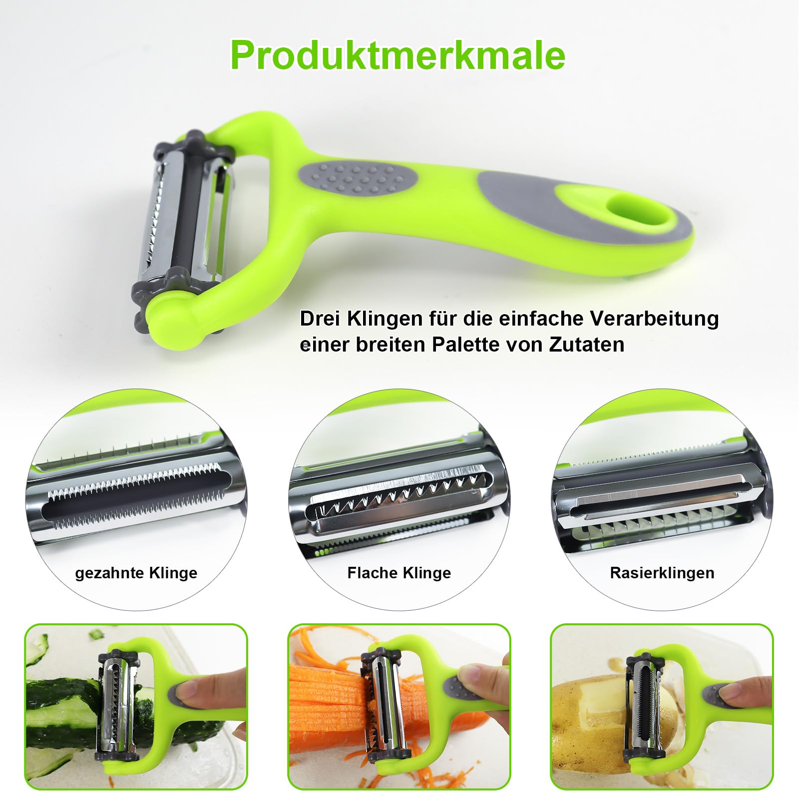 3-in-1 Sparschäler – Scharfer Gemüseschäler Mit Reibefunktion & Zitrusöffner, Edelstahl, Grau