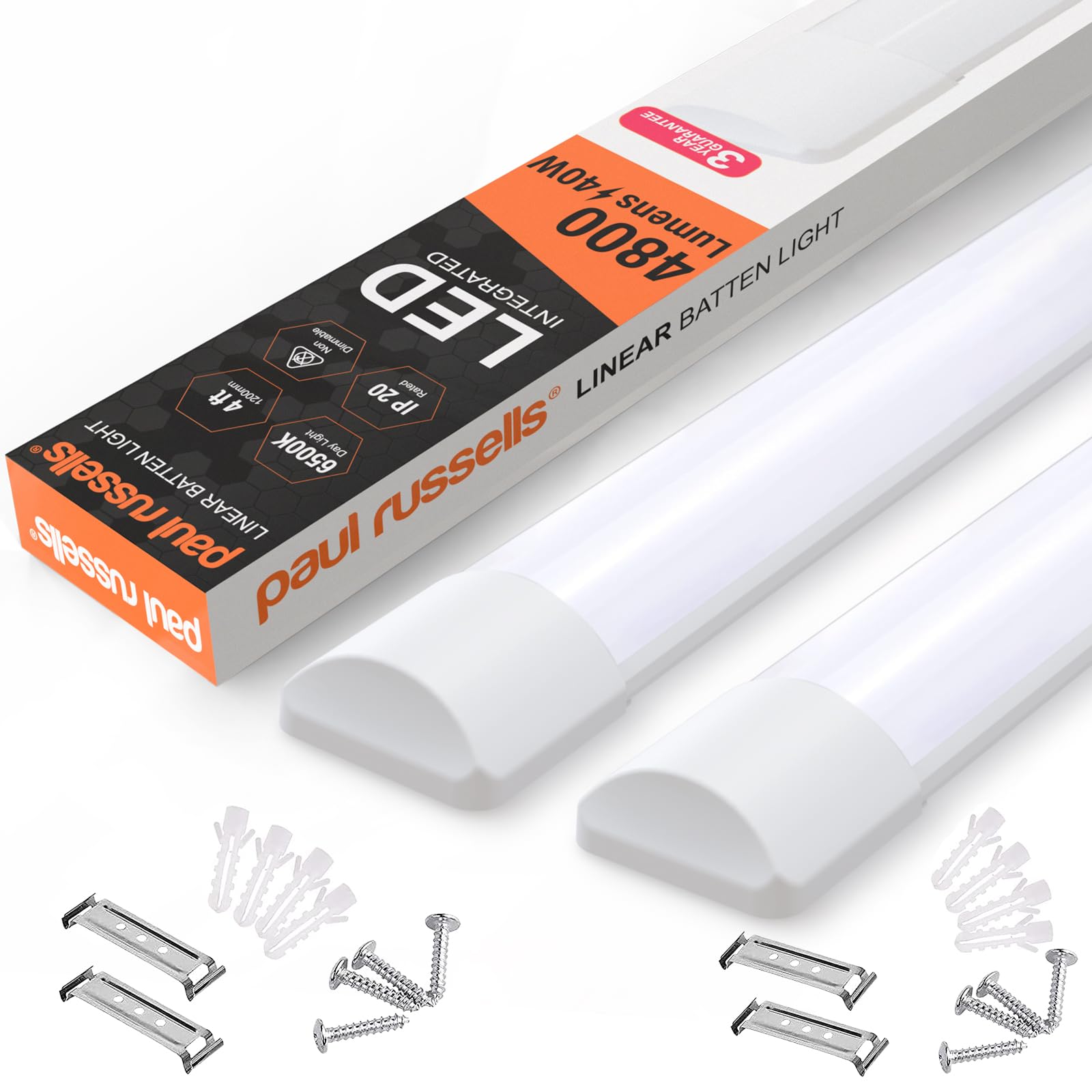 Paul Russells Daylight - 6500K Paul Russell's 4Ft Led Batten Light, Ceiling Fitting Tube Light, 6500K Daylight, 40W, 4800 Lumens, Office, Bathroom, Kitchen, Garage, Warehouse Fluorescent Lighting Replacement, 2 Packs