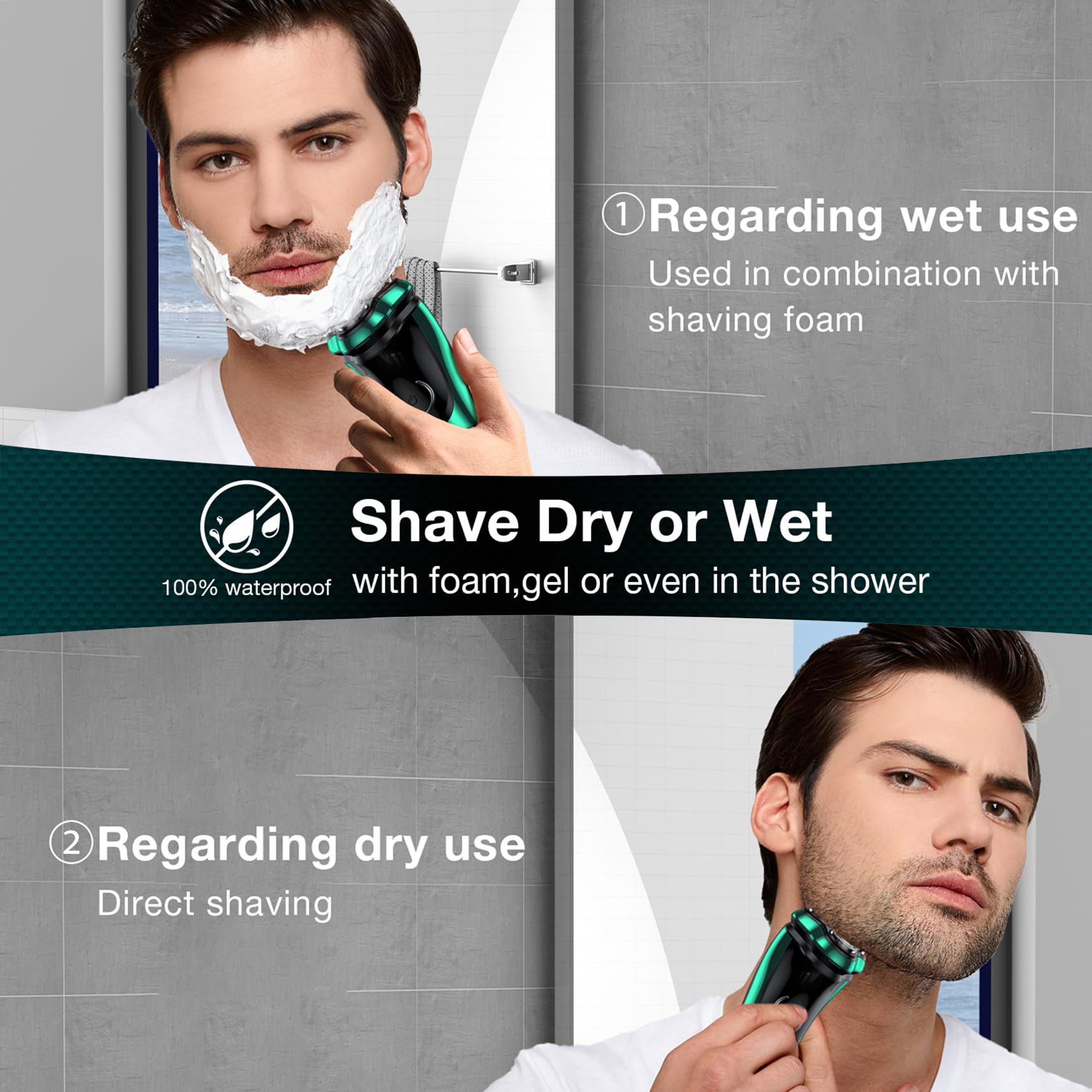 Elektrischer Rasierer für Herren, kabelloser wiederaufladbarer 3-Kopf-Rasierer mit Ladeständer, Wet & Dry IPX7 wasserdicht, eingebauter Pop-Up-Trimmer