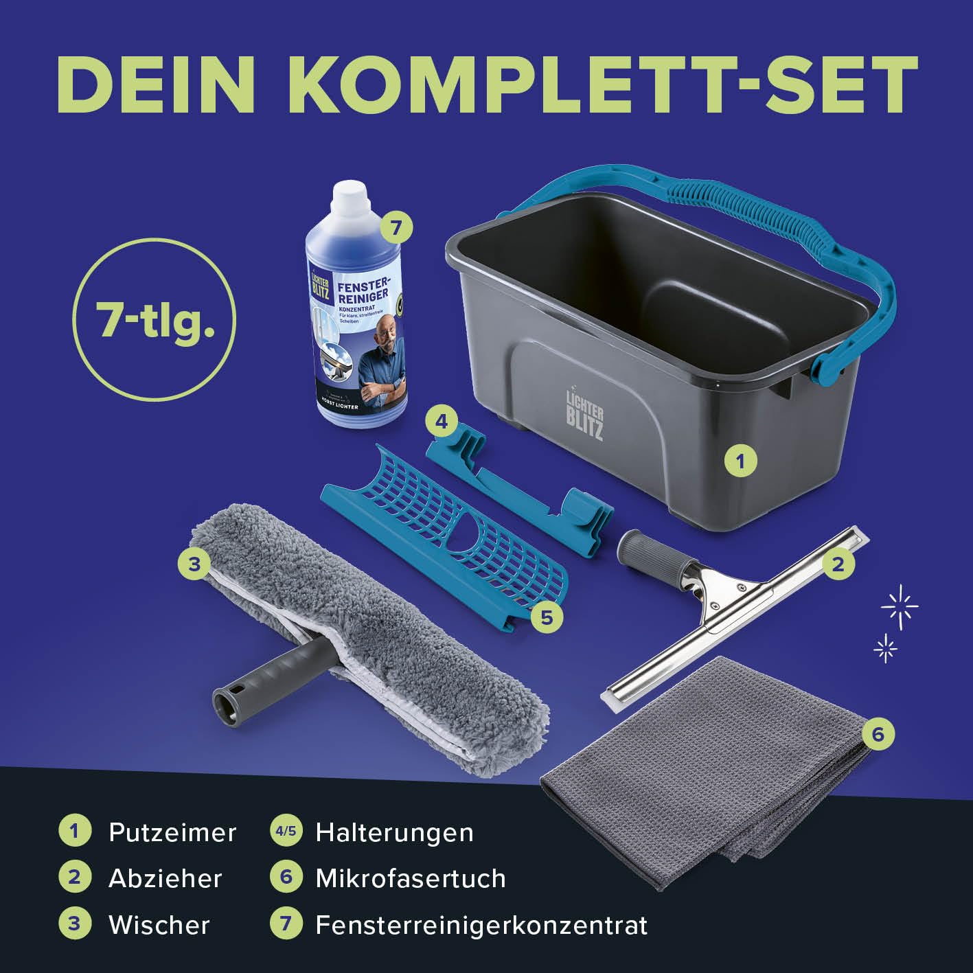 Fensterreiniger Set komplett |Professionell Fenster putzen| Inkl. Fensterabzieher, 12-Liter-Eimer mit Ablage, Abzieher, Wischer, Mikrofastertuch & Reinigungsmittel | für Haus & Auto