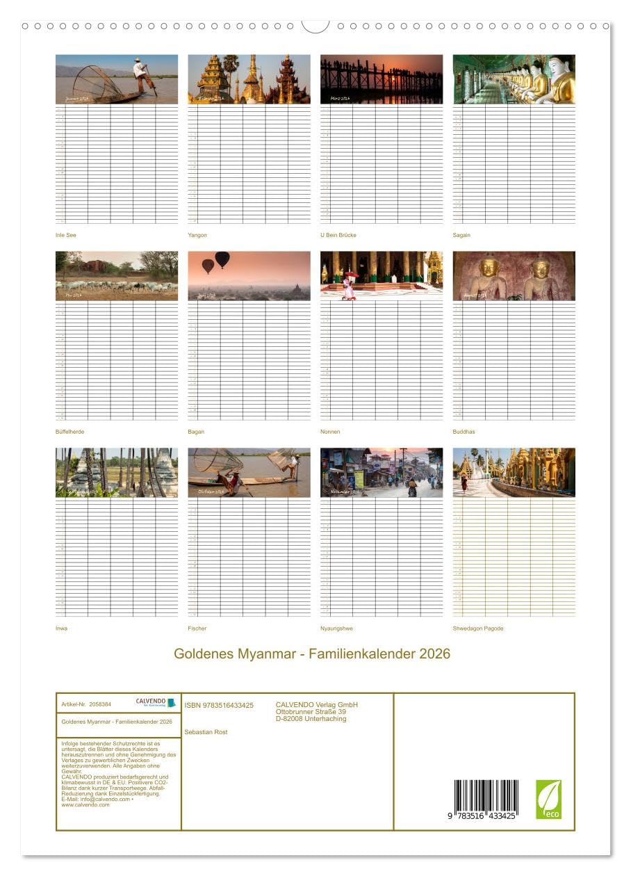 Goldenes Myanmar - Familienkalender 2026 (hochwertiger Premium Wandkalender 2026 DIN A2 hoch), Kunstdruck in Hochglanz: Myanmar - das Land der ... 5 Spalten für Ihre Einträge. (CALVENDO Orte)