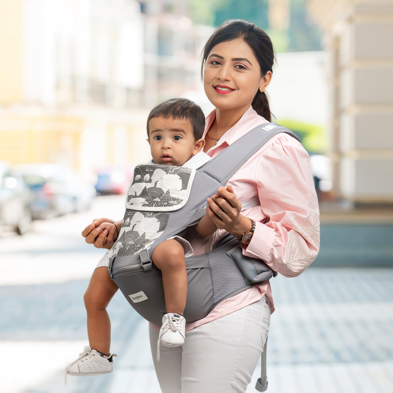 Baybee 6-in-1 Hip Seat Baby Carrier for New Born | Baby Carry Bags with Bottle Holder & Storage Pocket | Baby Carrier for 0 to 3 Years Baby with Lumbar Support & Three-Point Balance Support | Baby Sling Bag for kids with Multiple Carrying Positions (Grey)