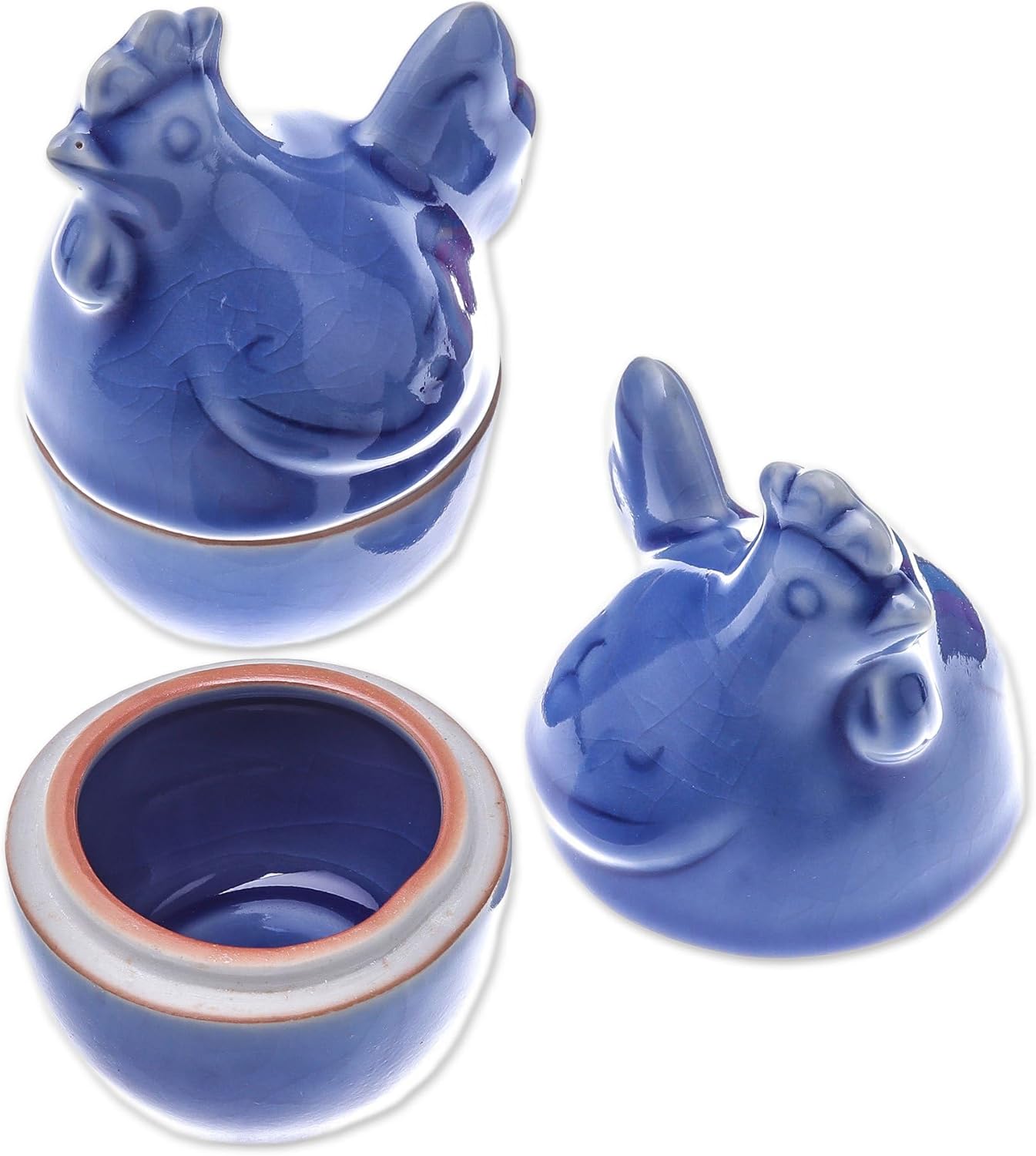 NOVICA Artisan Handmade Ceramic Egg Cups Blue Hen from Thailand Pair Tableware Serveware Serving Bowls Animal Themed Bird [ 4.1in H x 3in W x 2.6in D] ' Hen Breakfast' Pair