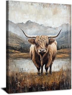 Rustic Highland Cow Canvas Wall Art Farmhouse Western Animal Cattle Picture Living Room Bedroom Wall Decor Abstract Mountain Landscape Wildlife Prints Poster Artwork for Modern Home Decorations 12x16"