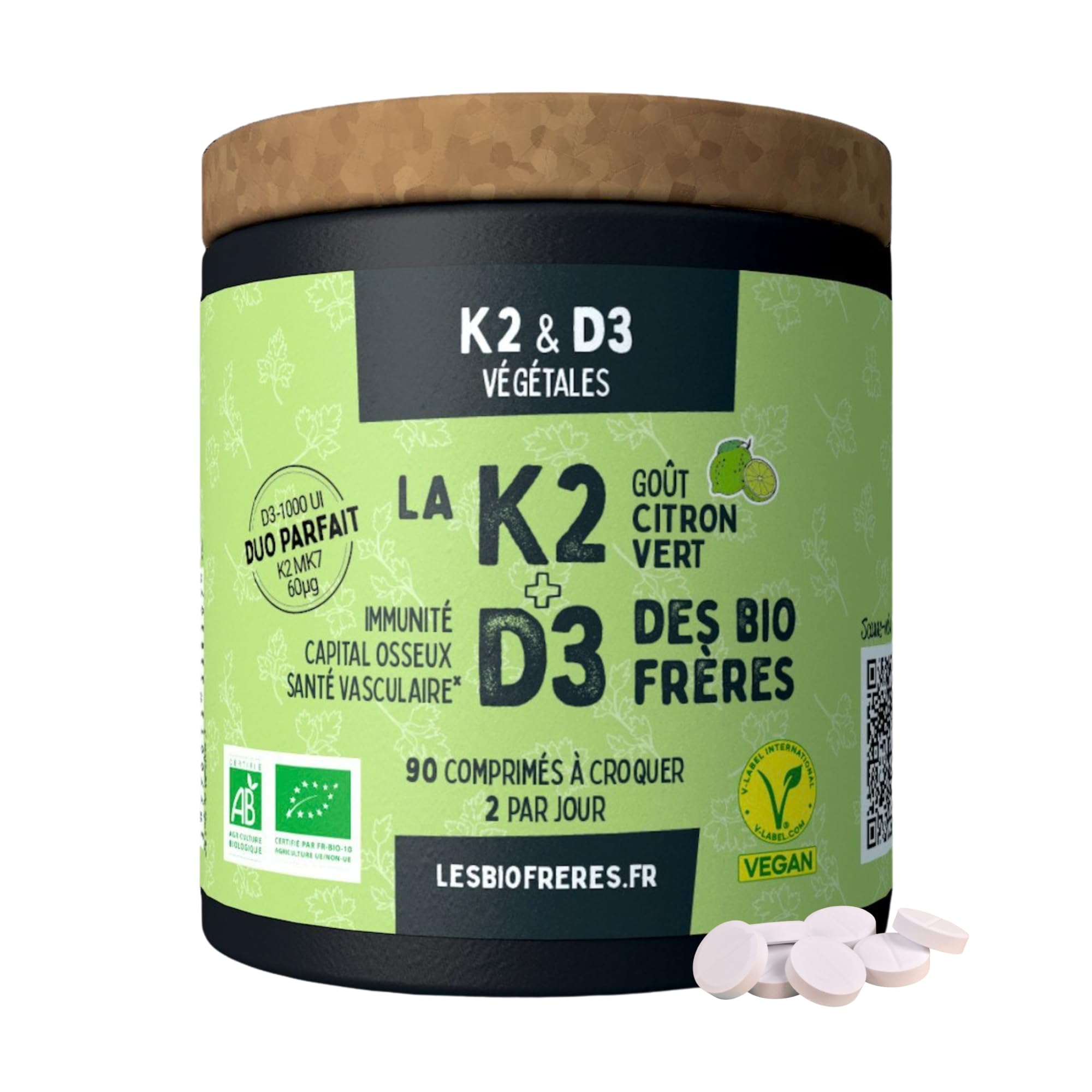 La K2-90 Comprimés à Croquer Citron Vert - Os, Dents & Immunité - Calcium - 45 Jours