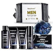 Men&rsquo;s Bath and Body Gift Set, 7-Piece Ocean Fresh Spa Kit with 3-in-1 Wash, Body Scrub, Body Lotion, Body Mist, Handmade Soap, Bath Puff &amp; Travel Bag, Father&rsquo;s Day Birthday Gifts for Dad Husband Son