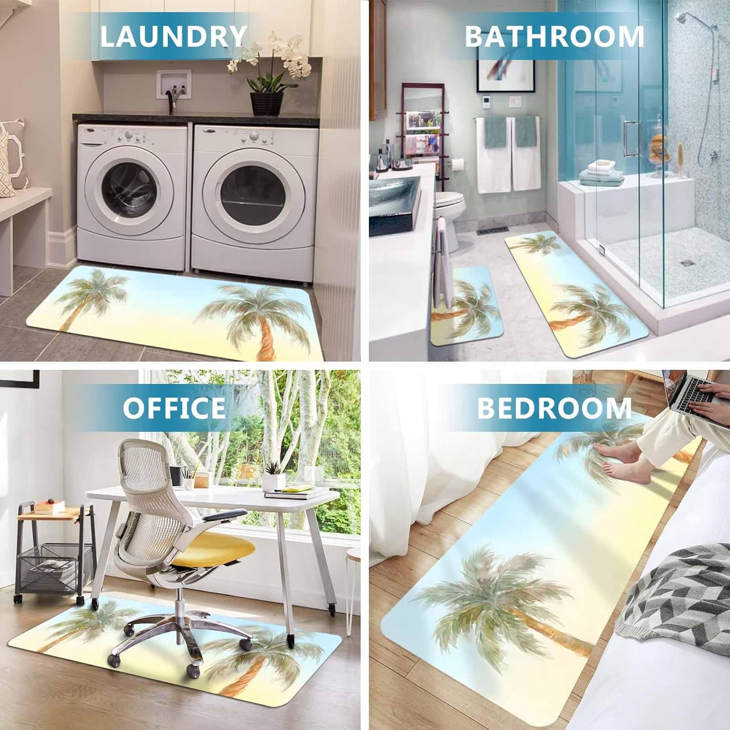Prime Leader Summer Palm Tree Kitchen Mat Set 2 Pieces Coastal Tropical Plant Watercolor Texture Non Slip Kitchen Rugs Washable Runner Rug Mats for Floor Sink Laundry Office 19.7" x 31.5"+19.7" x 63"
