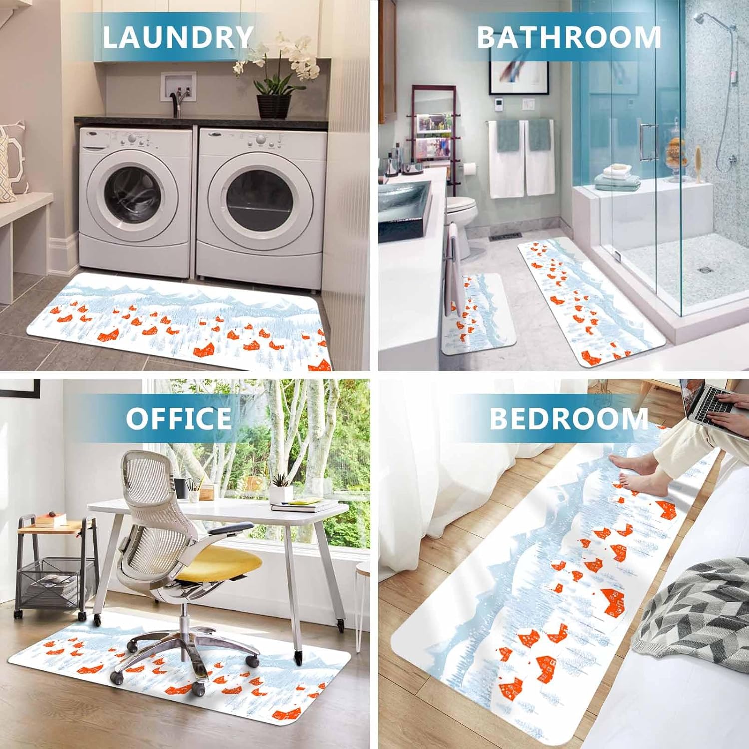 Kitchen Rugs and Mats Set of 2,Christmas Snowy Forest Winter Town Non Slip Area Runner Floor Cushioned Carpet Red House Winter Snow Scene Comfort Standing Mat for Kitchen Sink Laundry