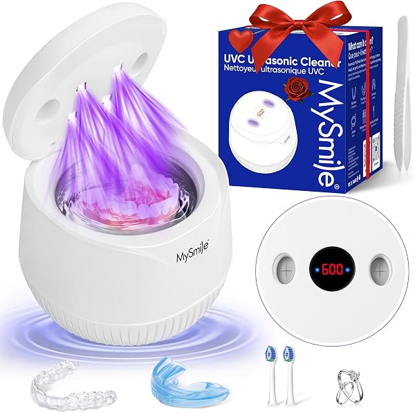 MySmile Dental Ultrasonic Retainer Cleaner Machine- 45kHz UV Denture Cleaner with 200ML Capacity for Aligner, Braces, Mouth Guard, Night Guard, Portable Dental Cleaning Pod with Digital Timer (White)