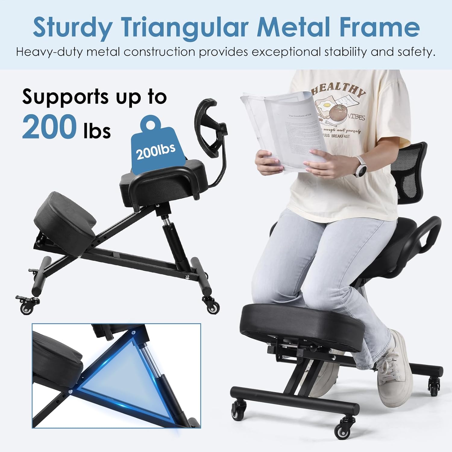 Ergonomic Kneeling Chair with Backrest & Lumbar Support, Adjustable Height Desk Chair with Wheels & Thick Cushion, Ideal for Office & Work from Home, Support Upright Sitting & Relieve Back Pain