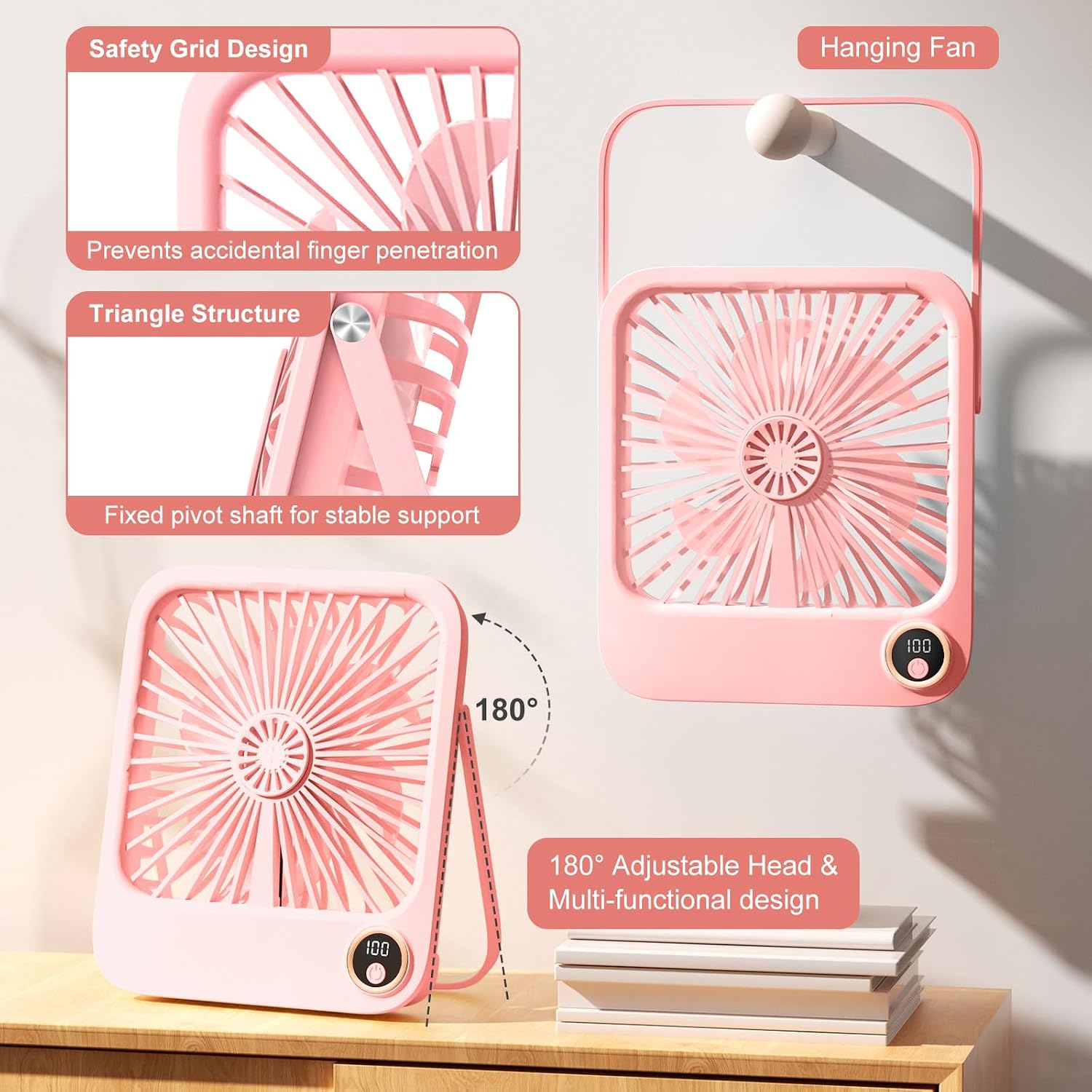 Mini USB Desk Fan,Small Table Fan 5 Speeds Strong Wind,180°Rotate, Quiet Portable Desktop Fan Rechargeable Battery for Home (Pink)