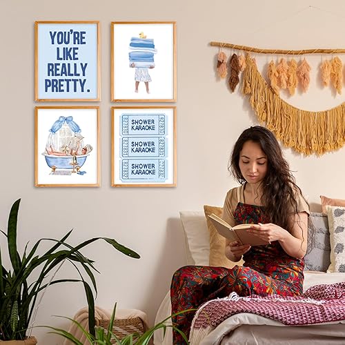 Miniatura 3 de VIIJJUE Decoración de Pared de Baño Azul, Conjunto de 4 Impresiones de Arte de Pared de Karaoke de Ducha Retro Azul para Niñas Preppy, Carteles de