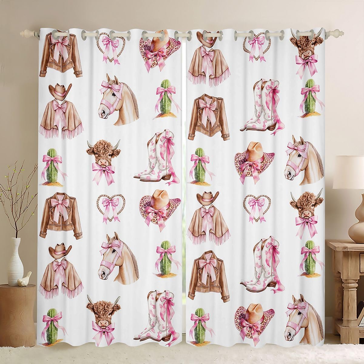 Cute Cowgirl Blackout Curtains Pink Bow Boots Hats Window Drapes,Western Horse Cattle Cactus Window Treatments,Kids Boys Girls Room Decor,Grommet Top 2 Panel Set Curtains, 38Wx54L inch
