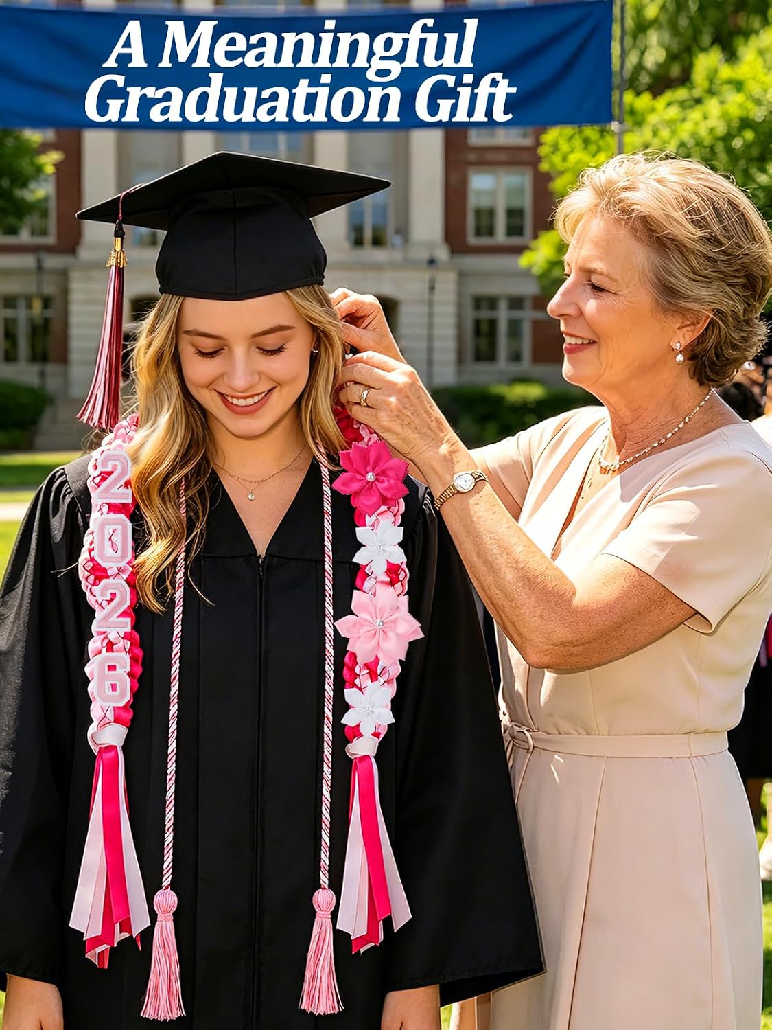 Cosweet Double Braided Graduation Lei with Honor Cord - Class of 2026 Ribbon Necklace Lei with 4 Satin Flowers, Graduation Gift Accessories for Women Men