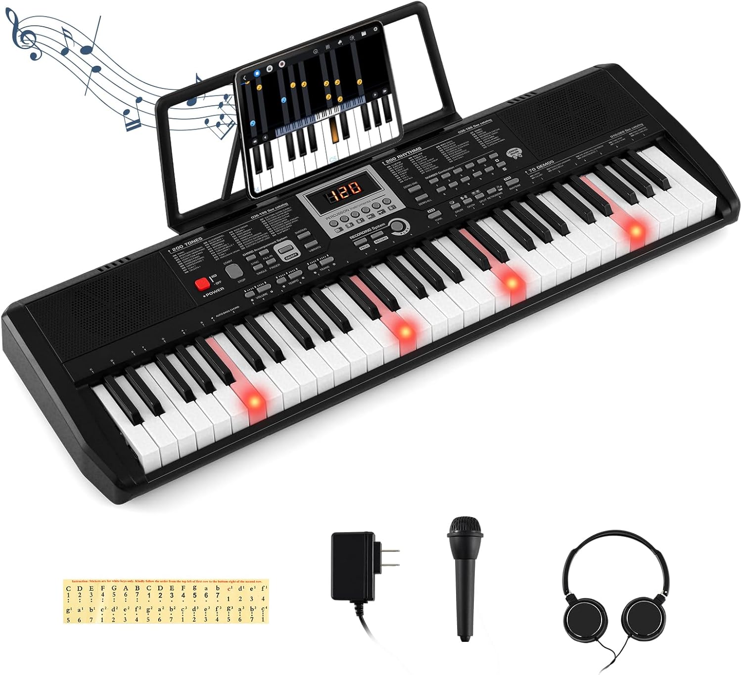 Costzon 61 Key Keyboard Piano, Electric Digital Piano Keyboard with Light Up Keys, Microphone, Headphones, Keynote Stickers & Carrying Bag, Portable Keyboard Piano for Beginners Adults