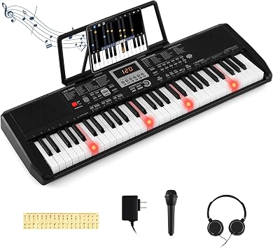 Costzon 61 Key Keyboard Piano, Electric Digital Piano Keyboard with Light Up Keys, Microphone, Headphones, Keynote Stickers & Carrying Bag, Portable Keyboard Piano for Beginners Adults