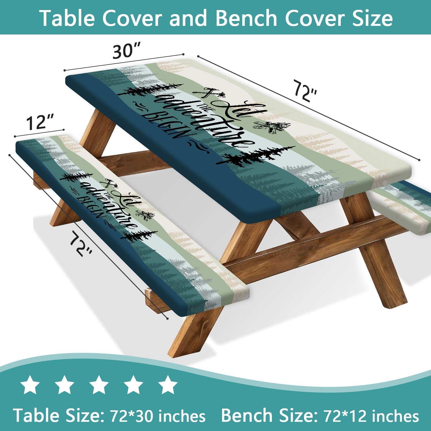 Picnic Table Cover with Bench Covers, Rectangle Tables, Waterproof Elastic Fitted Tablecloths for 6 Foot, Washable Tablecloth for Camping, Outdoor (Green, 30"x72")