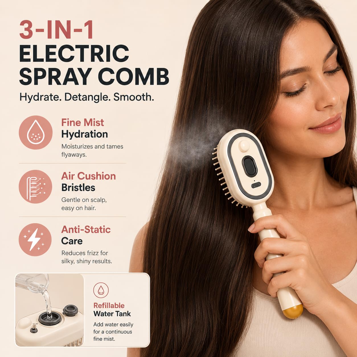Electric Spray Air Cushion Massage Comb - 2027 New 3 in 1 Electric Scalp Massager, Rechargeable Detangling Electric Steam Brushs for Hair for Reduce Frizz, Nourishes Hairs, Anti-Static (Purple)