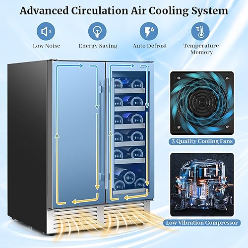 Miniatura 5 de COSTWAY Refrigerador de vino y bebidas, enfriador de bebidas de doble zona de 24 pulgadas con cerradura, puerta de acero inoxidable, refrigerador de