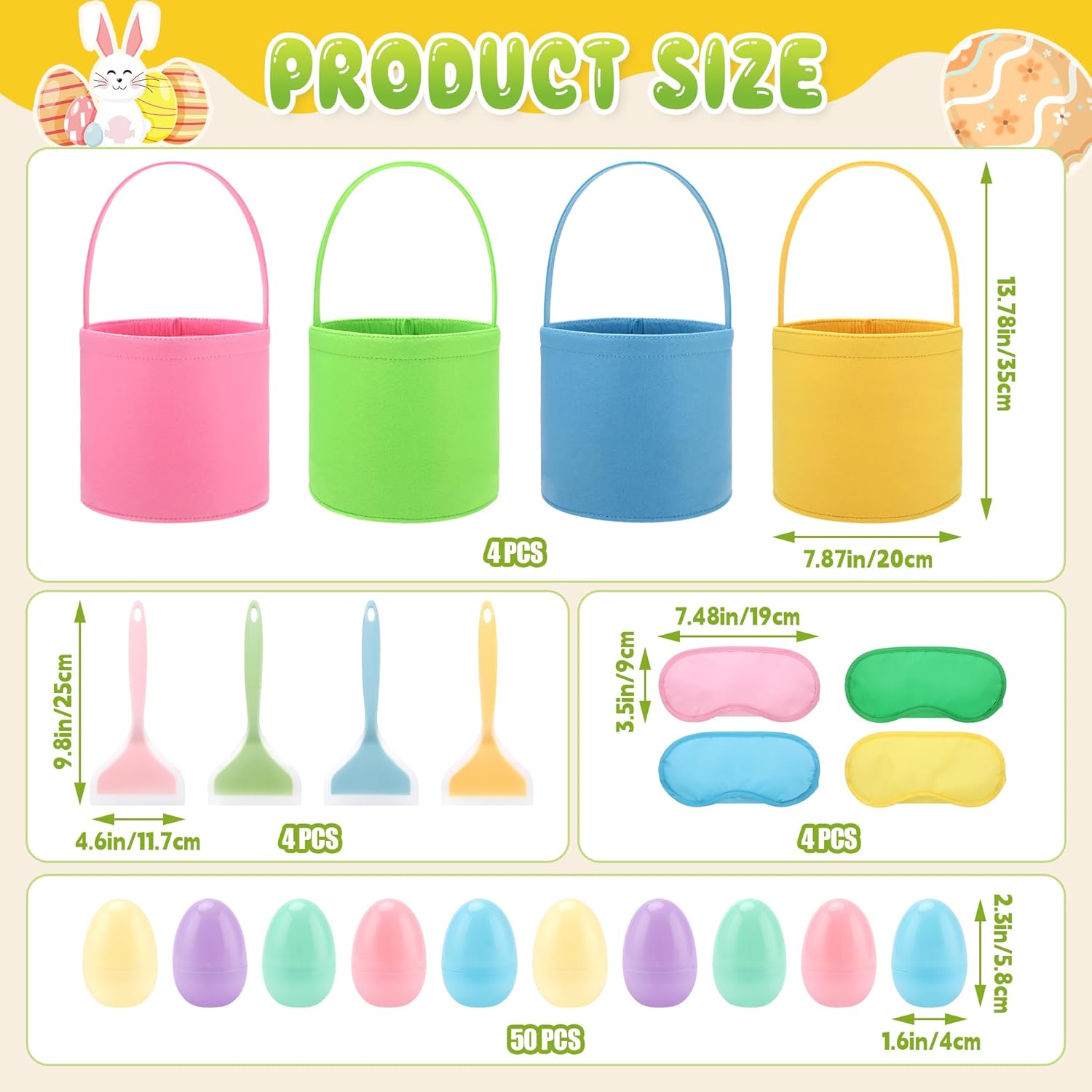 4 Set Easter Outdoor Party Games Easter Eggs Scoop Challenge Bucket for Family with 4 Bucket 4 Scoop 4 Eye Mask and 50 Easter Egg Bucket Blind Egg Challenge for Holiday Party