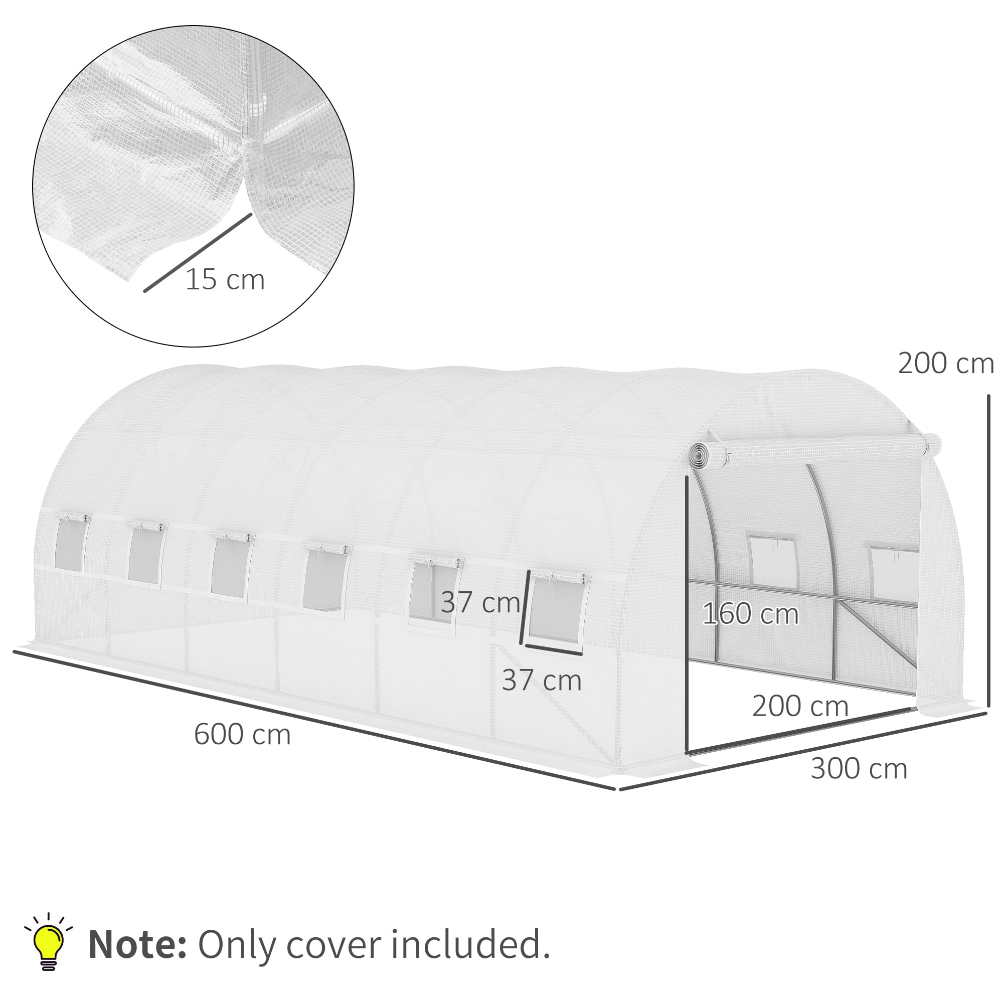 Outsunny - Lona de Repuesto para Invernadero, túnel de 18 m², Lona 6 x 3 x 2 m, PE Anti UV, Impermeable, 12 Ventanas + Puerta Enrollable con Cremallera, Color Blanco
