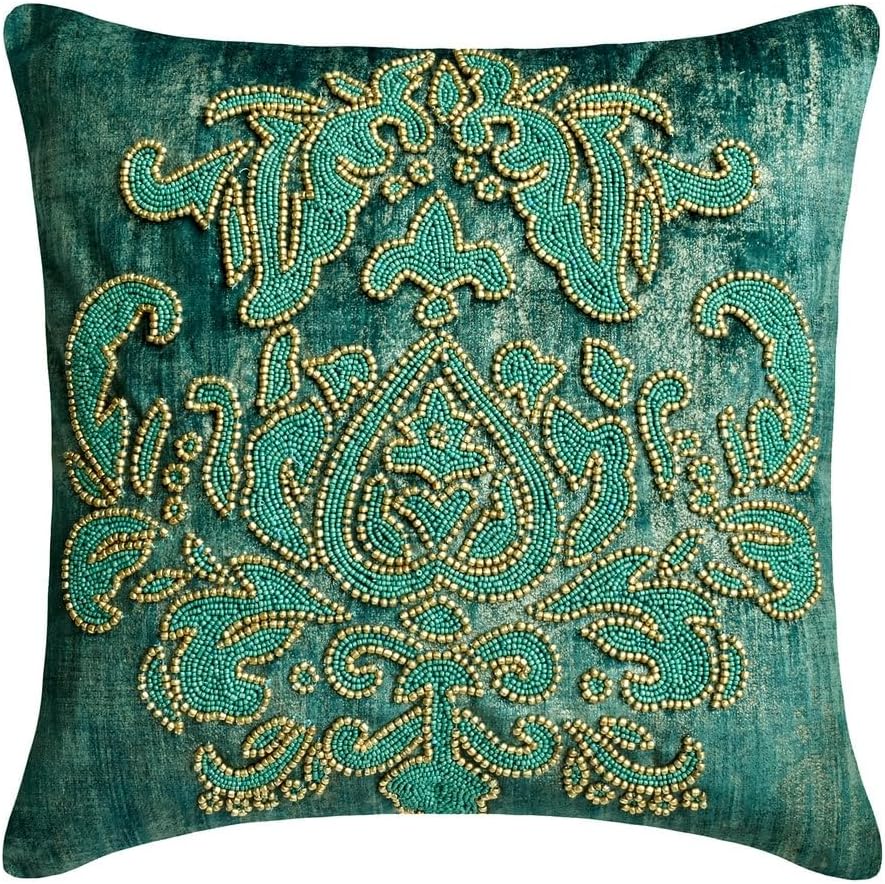 The HomeCentric Pillow Covers, Brown 16"x16" (40x40 cm) Pillow Covers, Suede Foil & Beaded Throw Pillows for Sofa, Damask Pattern Modern Easter - Aureate Brown