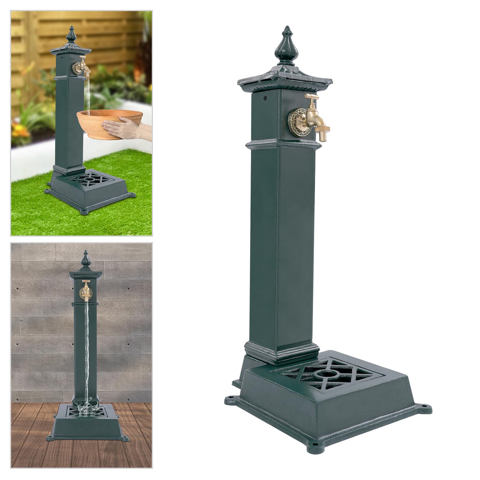 Columna de agua para jardín con grifo y lavabo, grifo de hierro fundido, estilo retro, 30,5 x 33 x 73 cm