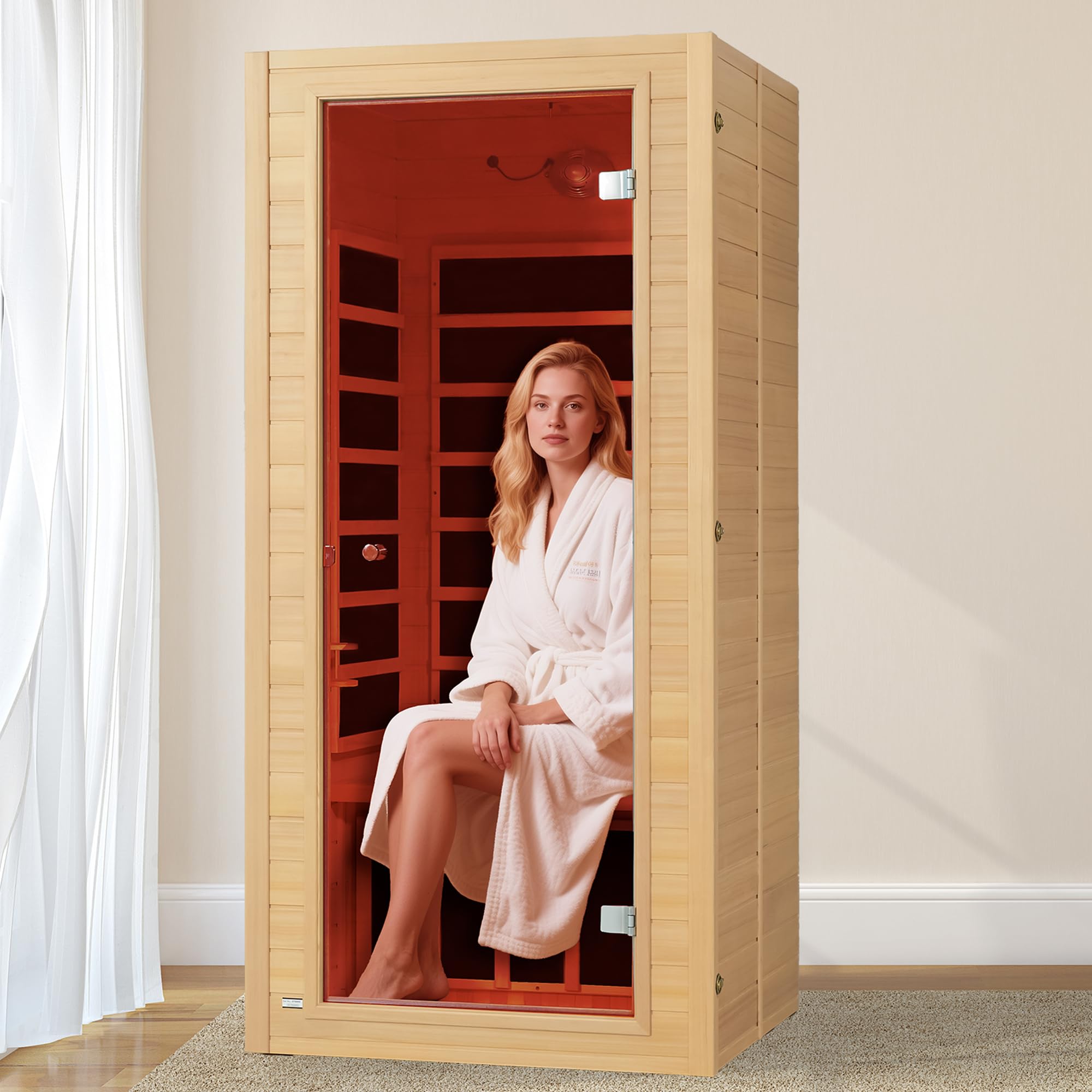Real Relax Far Infrared Sauna for Home, 1 Person Indoor Home Sauna Low Emf, Canadian Hemlock Wooden Dry Saunas Room with Bluetooth Speakers, 9-Color Light Therapy, 1574w/110v for Personal Spa