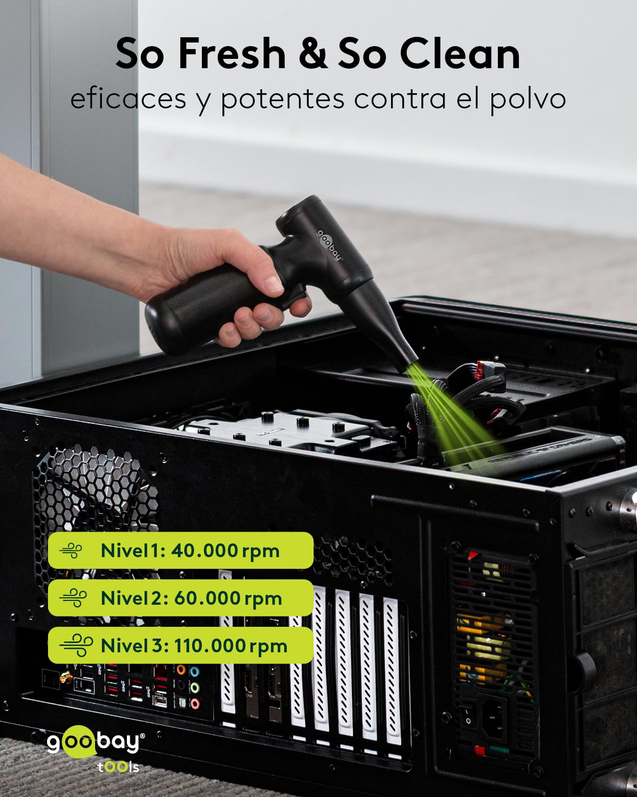 goobay Soplador de aire eléctrico, negro, inalámbrico, 100 W, 110.000 rpm, 3 niveles de potencia, con 8 boquillas, 3 cepillos y batería recargable USB-C, 77830
