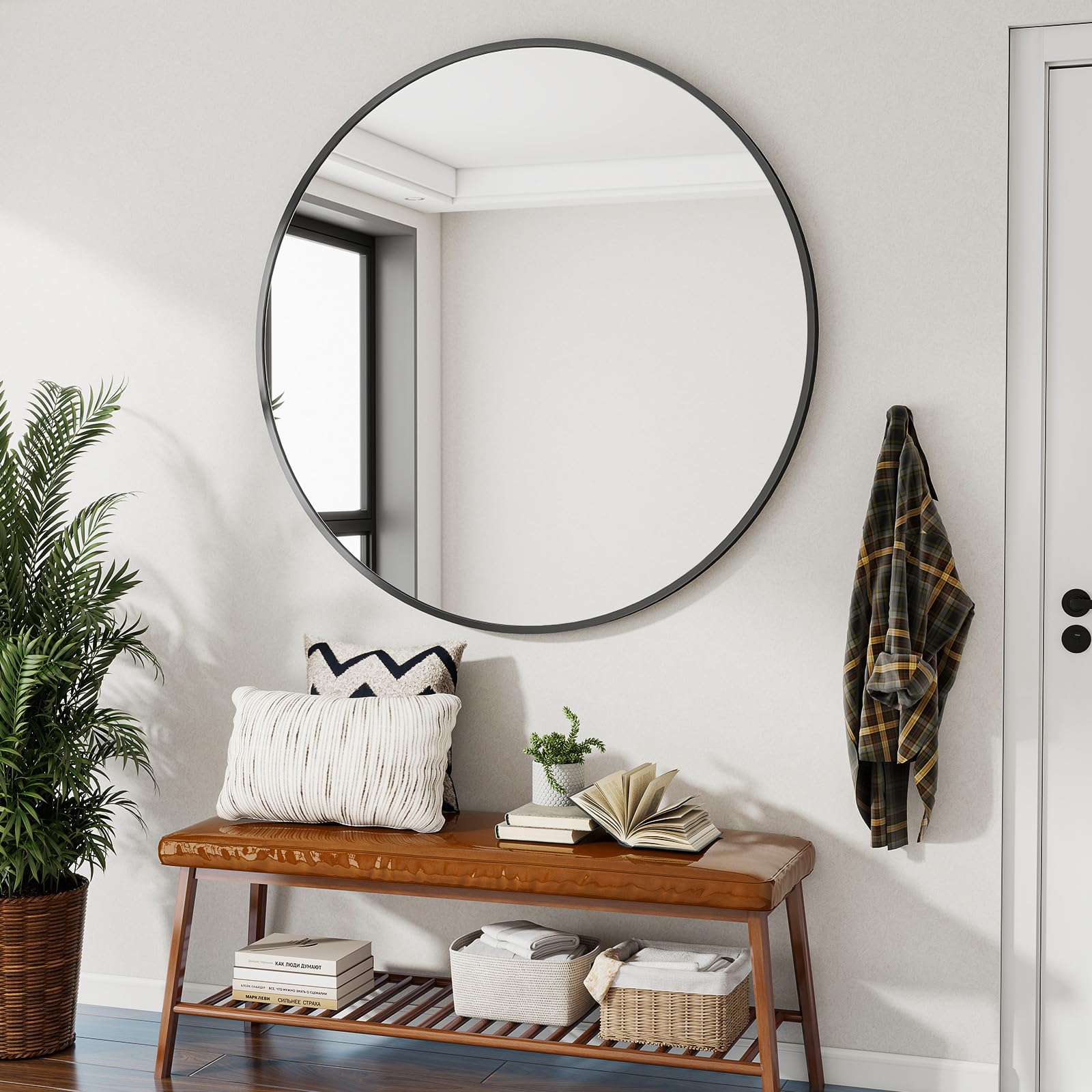 Koonmi Specchio rotondo grande 106 cm nero, specchio da parete rotondo con telaio in lega di alluminio per bagno, lavandino, soggiorno, camera da letto, decorazione da parete d'ingresso