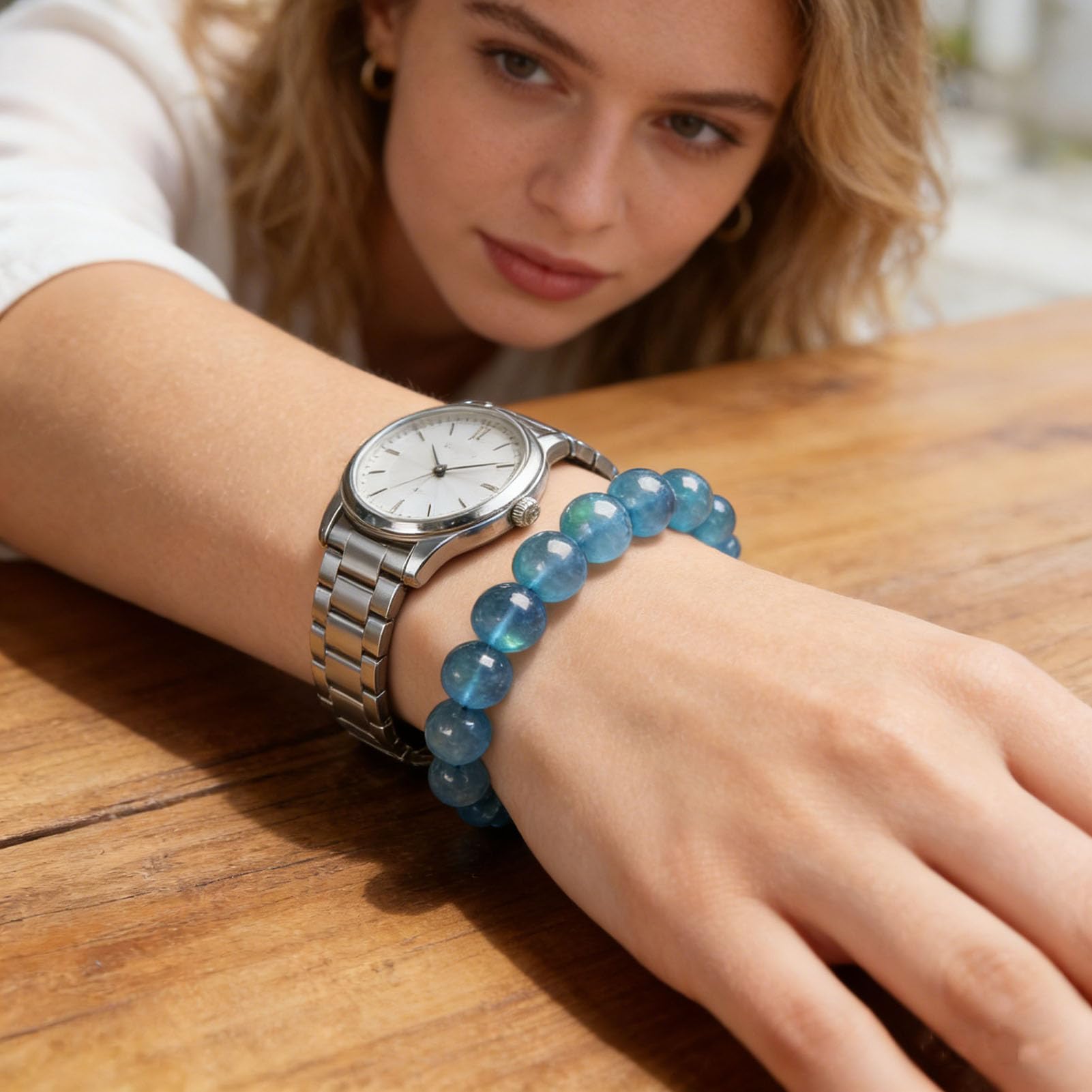 Pulsera de Aguamarina para Mujer, Pulsera elástica de Piedra auténtica para energía Tranquila y comunicación, joyería de Cristal Natural para claridad, Serenidad, energía Positiva,14MM