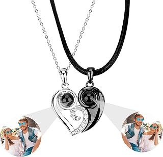 Custom Photo Projection Necklace Personalized Photo Necklace with Picture Inside Matching Love Heart Magnetic Couples Necklaces I Love You Necklace for Couples Boyfriend Girlfriend Friends