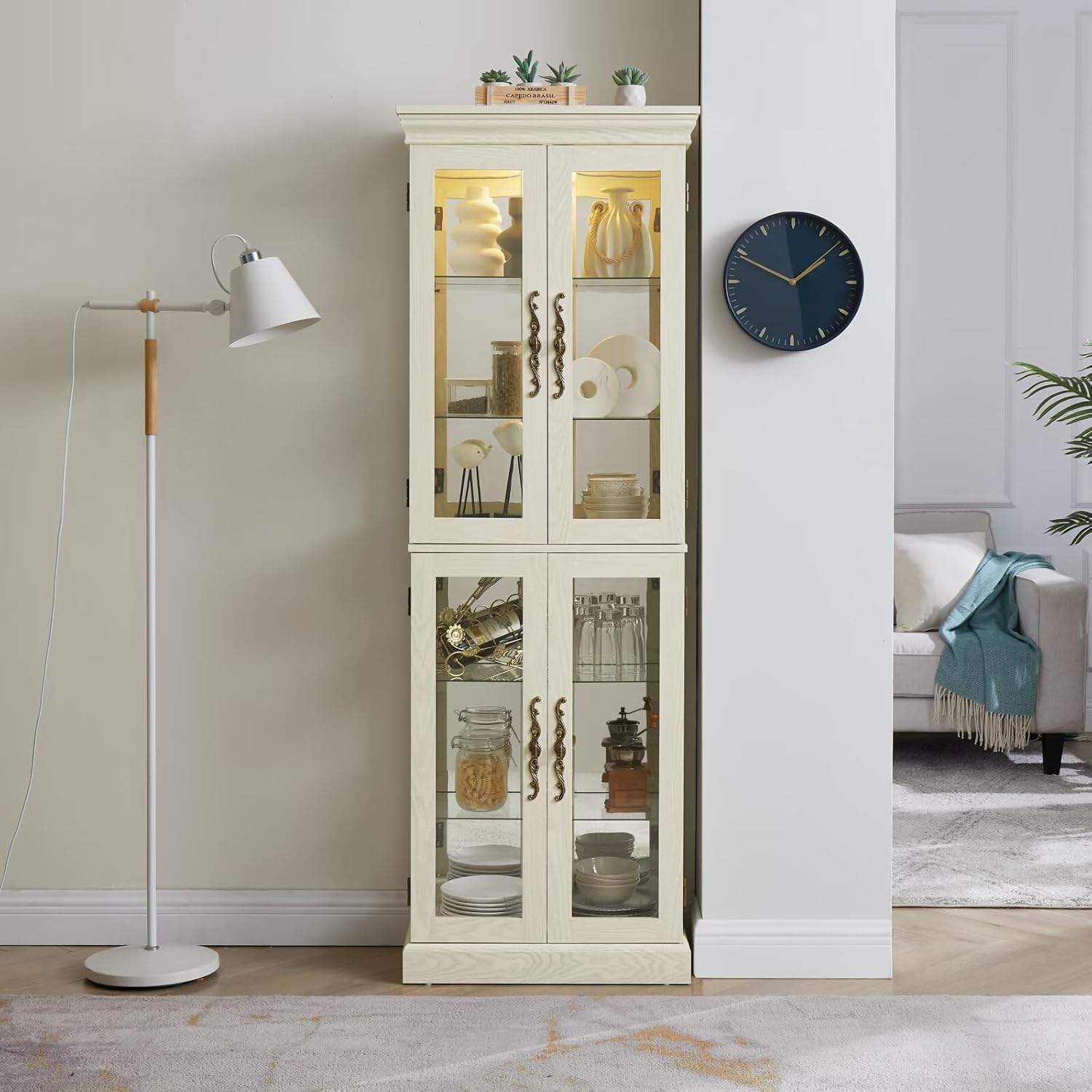 71.26"H Lighted Glass Curio Display Cabinet,Display Cabinet,Glass Storage Cabinet Glass Wine cabinet Wood Frame Toy Display for Living Room, Kitchen, Pantry Light Bulb Included,Antique White