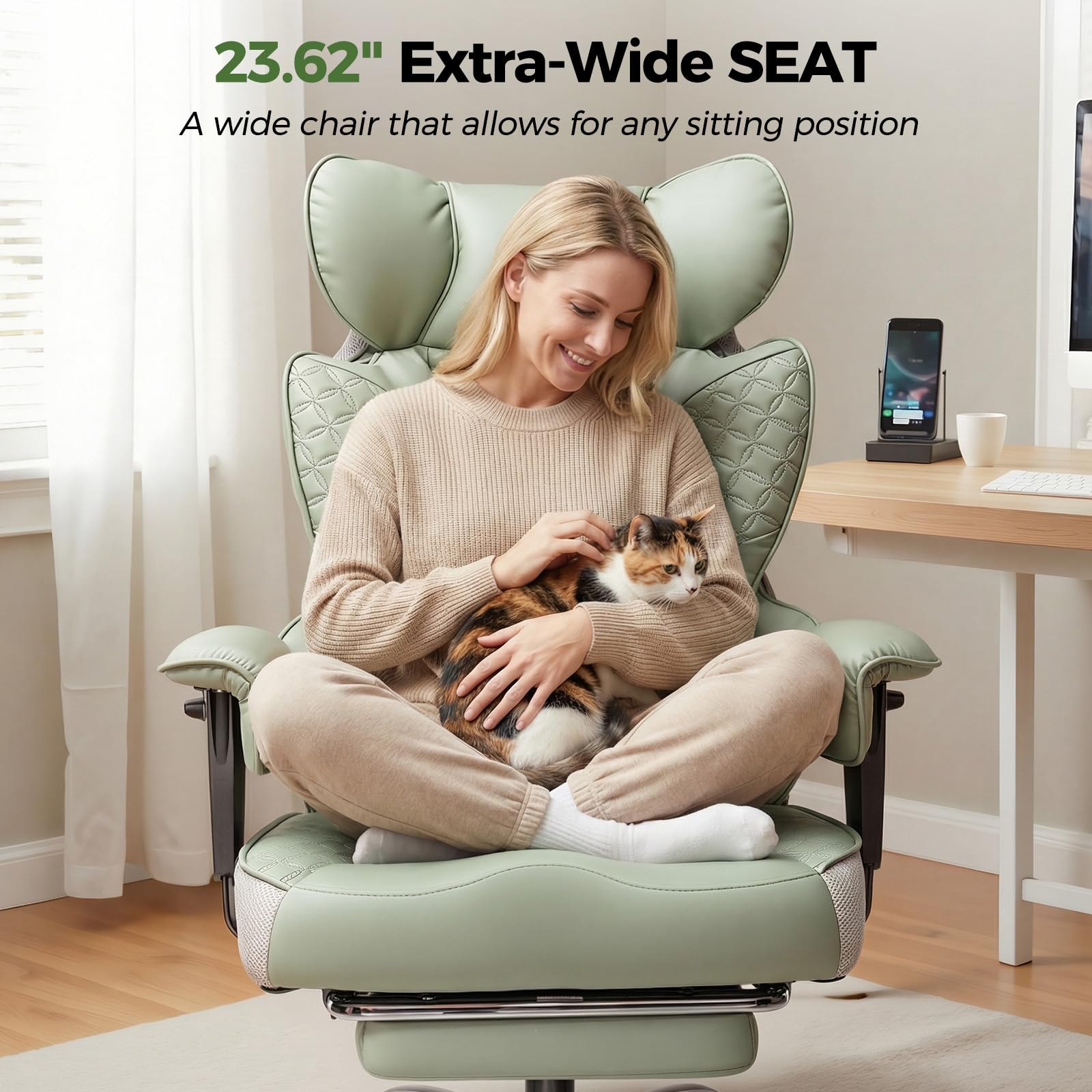 GTPLAYER Big and Tall Gaming Chair 400lbs Heavy Duty Office Chair with Foot Rest & Ergonomic Pocket Spring Lumbar Support, High Back 3D Saddle Shaped Cushion for Back Pain Relief, Green view 8