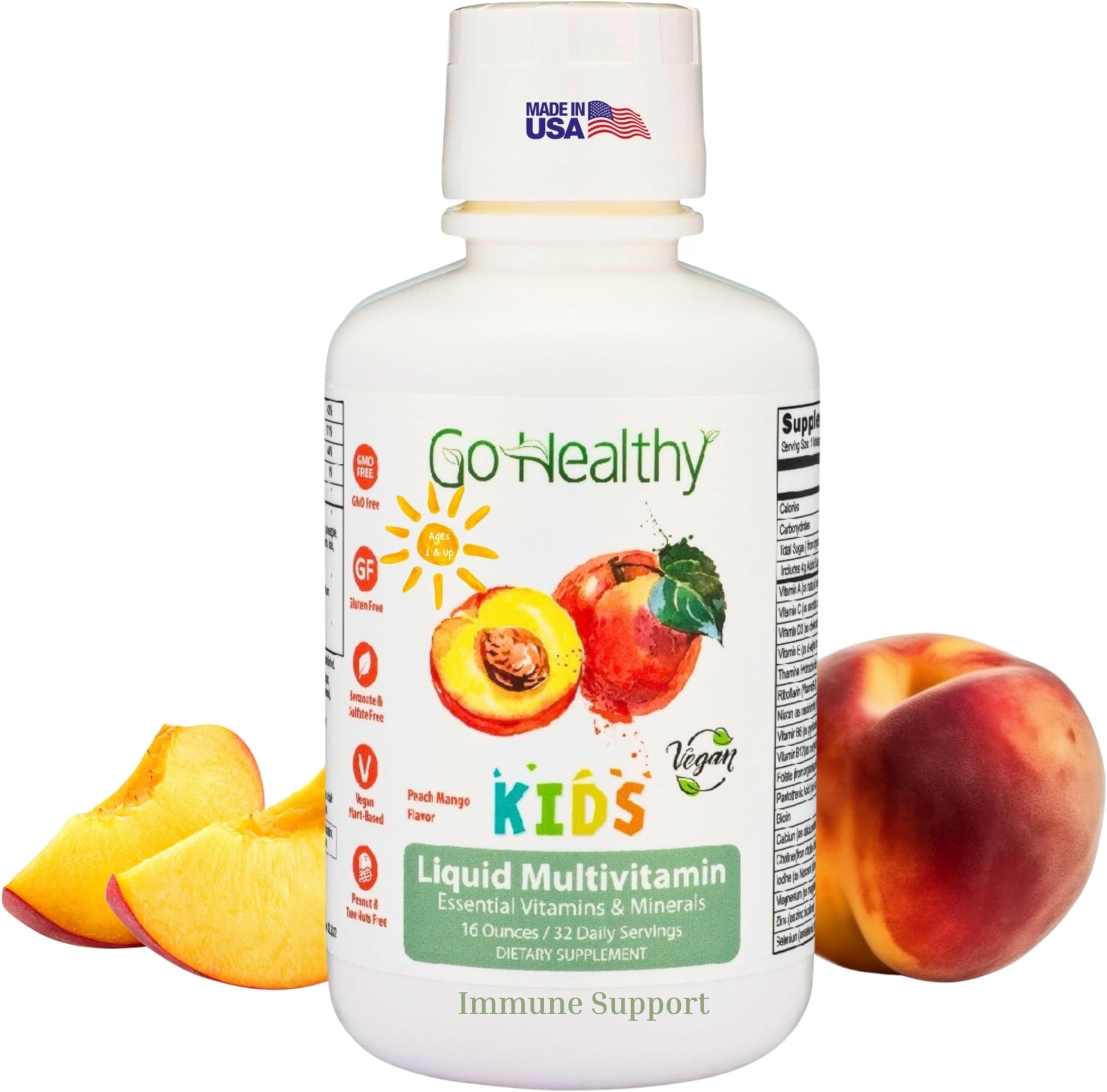 Kids Liquid Multivitamin with Organic Folate, Vegan, Fruit & Plant-Based Whole Food 32 Servings, Benzoate Free, Non-GMO, Gluten Free