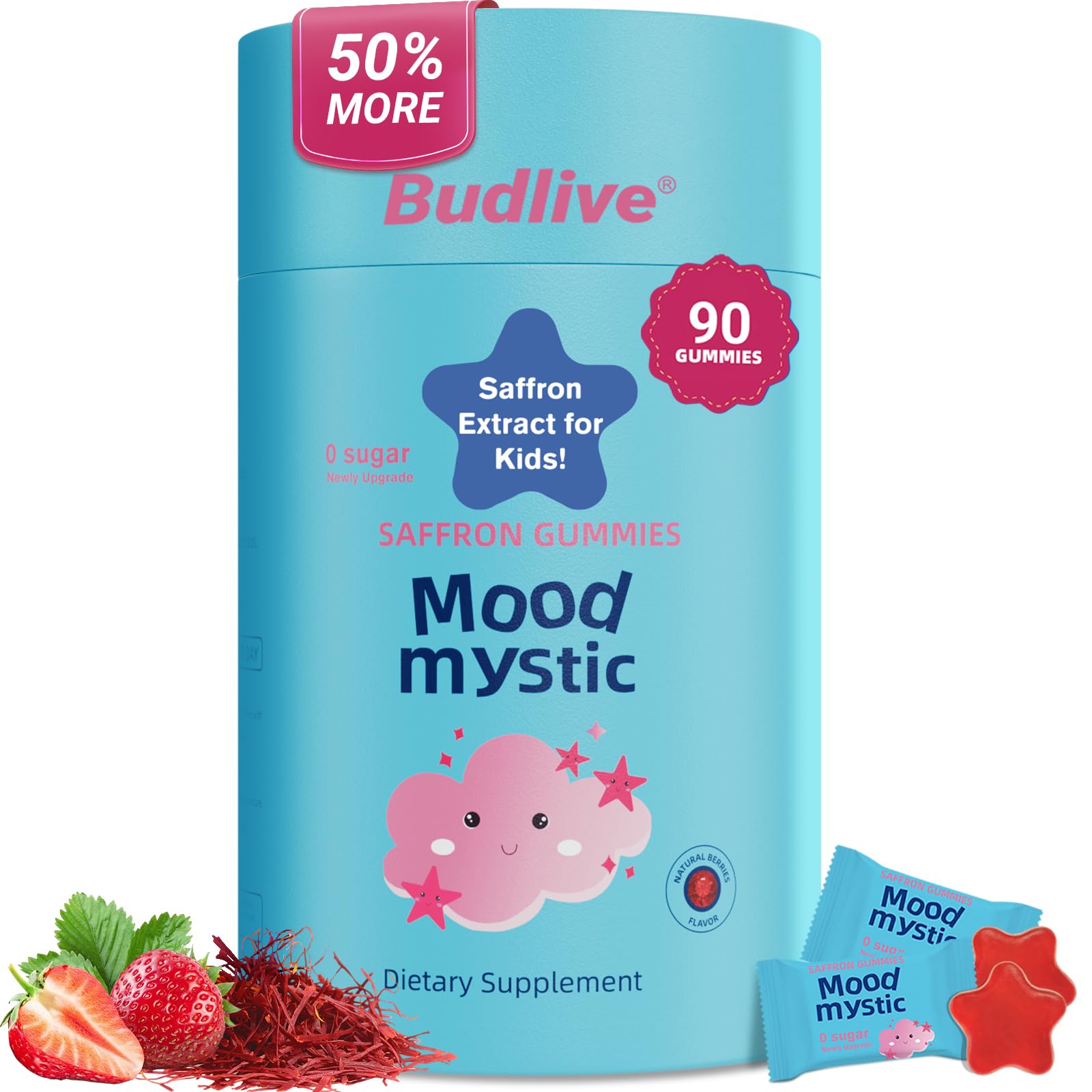 Saffron Gummies for Kids - Saffron Extract Supplements, Mood Munchies | Calms Temper Tantrums, Supports Happy Mood & Cognition, Focus Calm Gummies for Kids 4+, Sugar Free Strawberry, 90 Counts