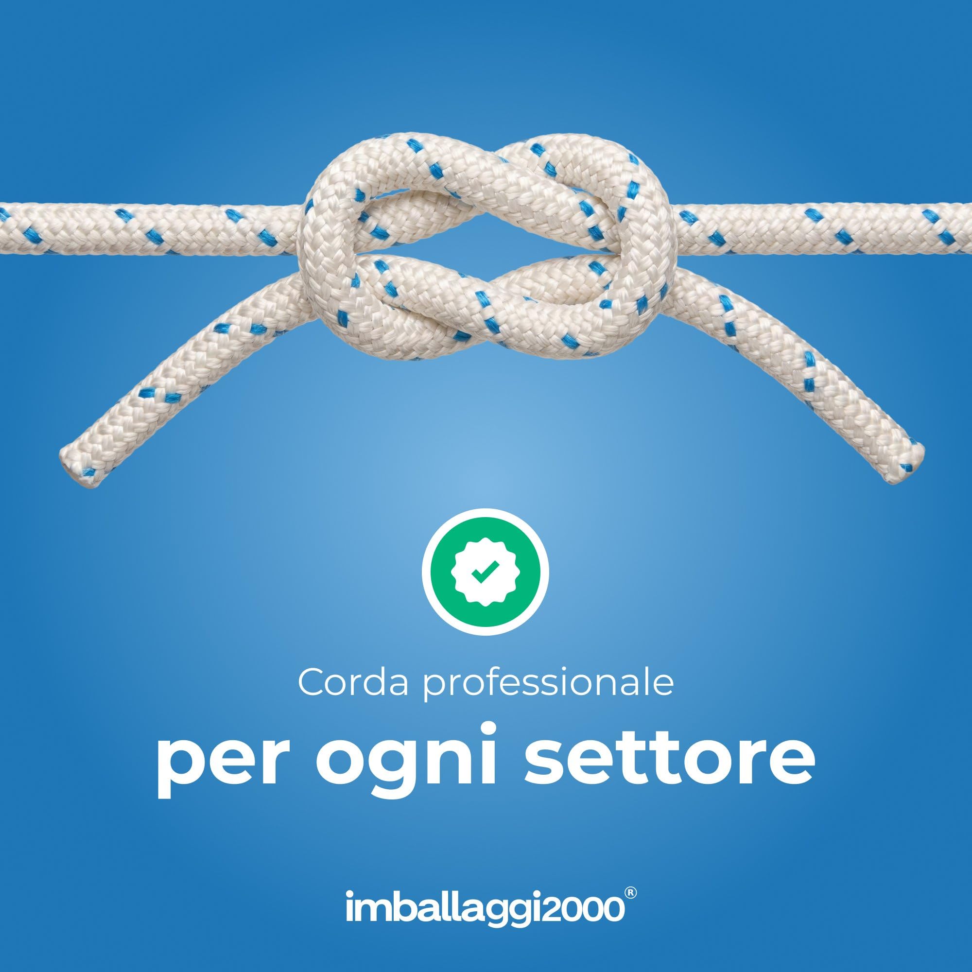 IMBALLAGGI 2000 - Corda Treccia Mare 8mm Bianca con Spia Blu - Intera Bobina 200 Metri - Stabilizzata UV, Resistente Intemperie e Agenti Atmosferici