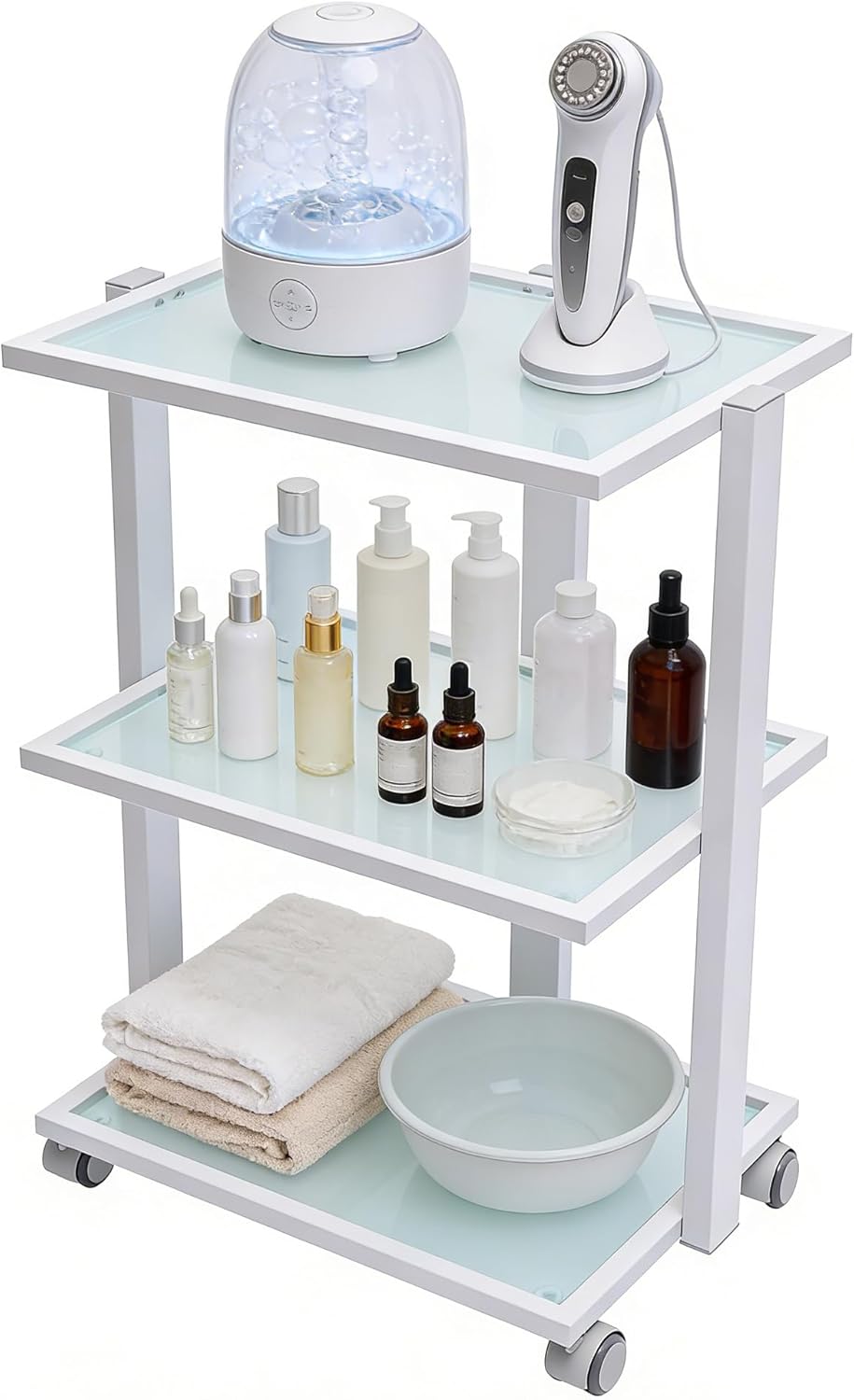 3-Tier Rolling Beauty Spa Trolley Cart with Glass Top, Esthetician Facial Cart with Wheels, Mobile Storage Organizer Utility Cart for Salon Beauty Spa Massage Home Esthetic Tools Holder