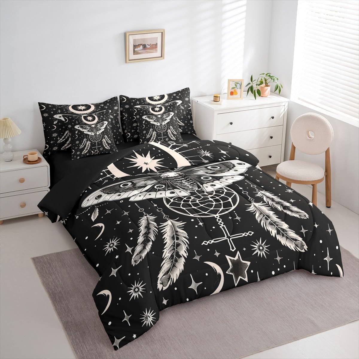 Erosebridal Moon Feather Stars 7 Piece Bedding Set Queen Moth Dream Catcher Comforter Set with Sheets Ring Mysterious Bed in a Bag Dreamy Bohemian Art