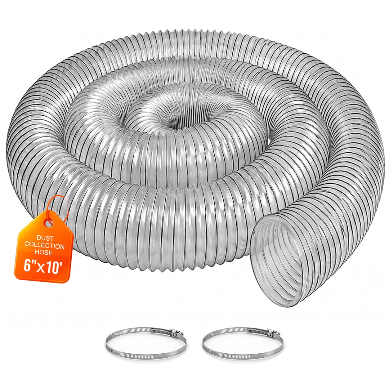 6"x10' Clear PVC Dust Collection Hose-Heavy duty, Fit 6 In Dust Collector
