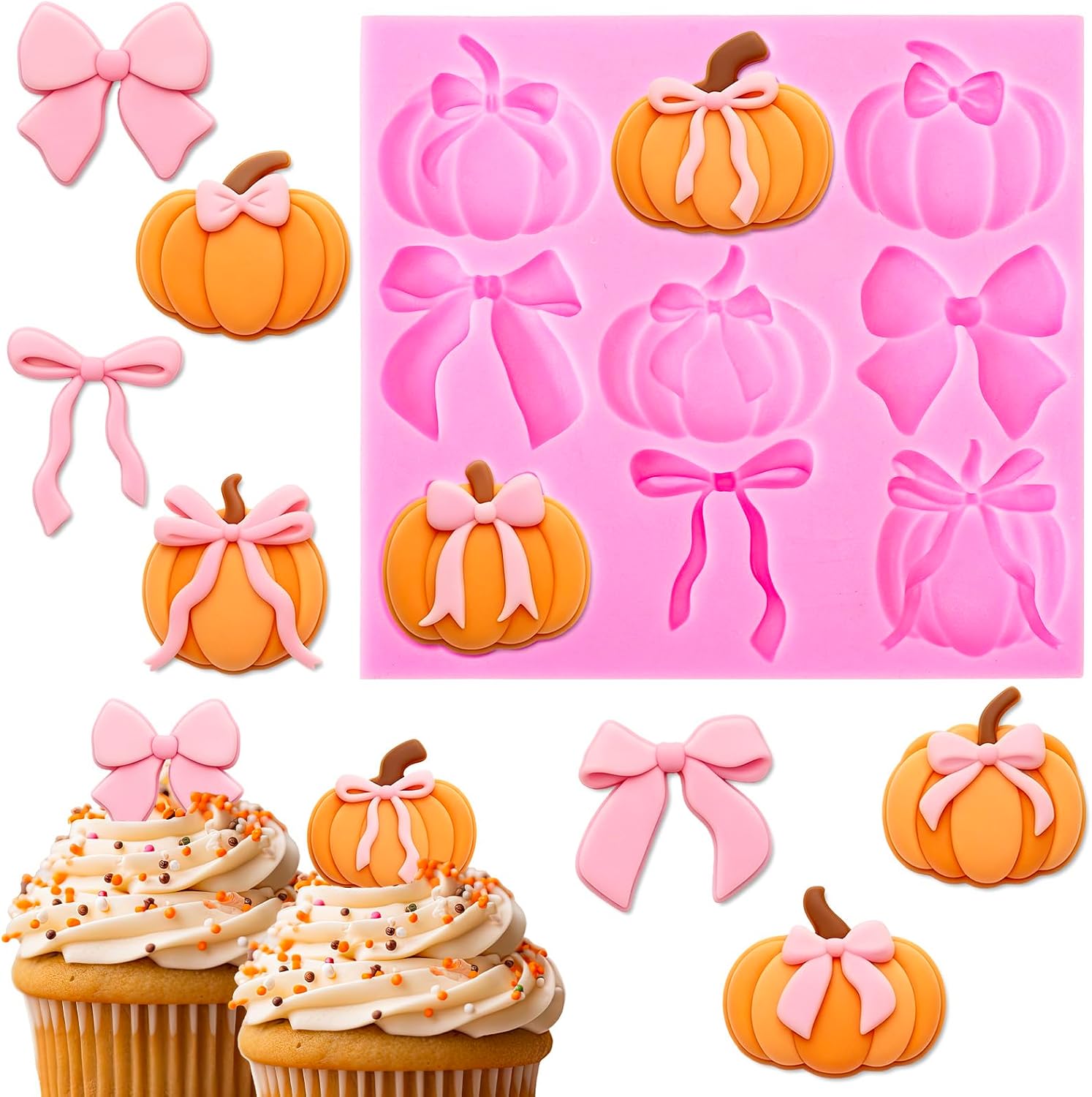 AnyDesign Fall Fondant Molds 3D Pumpkin Bow Silicone Baking Mould for Autumn Harvest Holiday Thanksgiving Party Cake Decorating Cookie Chocolate Candy Ice Cube Clay Decoration