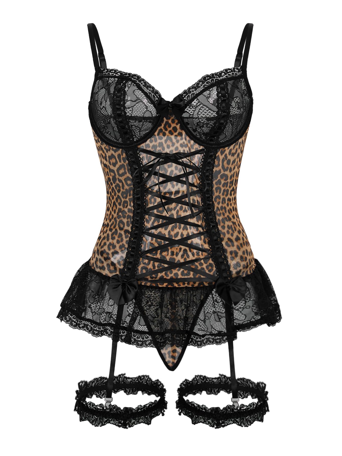 GXNRHG Corsé de Malla Sexy con Volantes y Encaje con Aros, Liguero Transparente, picardías, Conjunto de lencería con Tanga, 3 Piezas