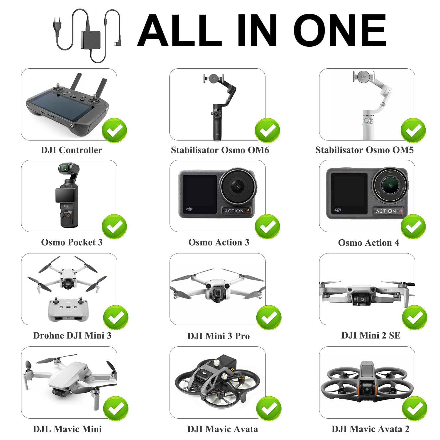 TAIFU 65W USB C Chargeur pour DJI Controller, Stabiliser Osmo OM6/OM5, Osmo Pocket 3, Osmo Action 3/4, Drone DJI Mini 4 Pro/Mini 3/Mini 3 Pro/Mini 2 SE/Mavic Mini, Avata/Avata 2 Battery Adaptateur