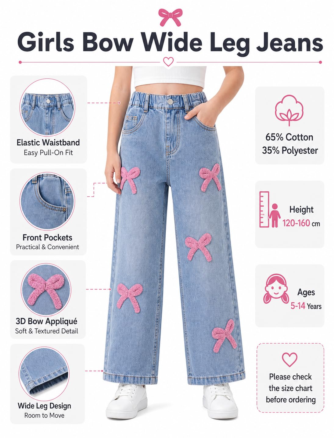 JiAmy Jeans larges pour filles avec nœud brodé pour enfants de 130 à 170 ans, 5 à 13 ans