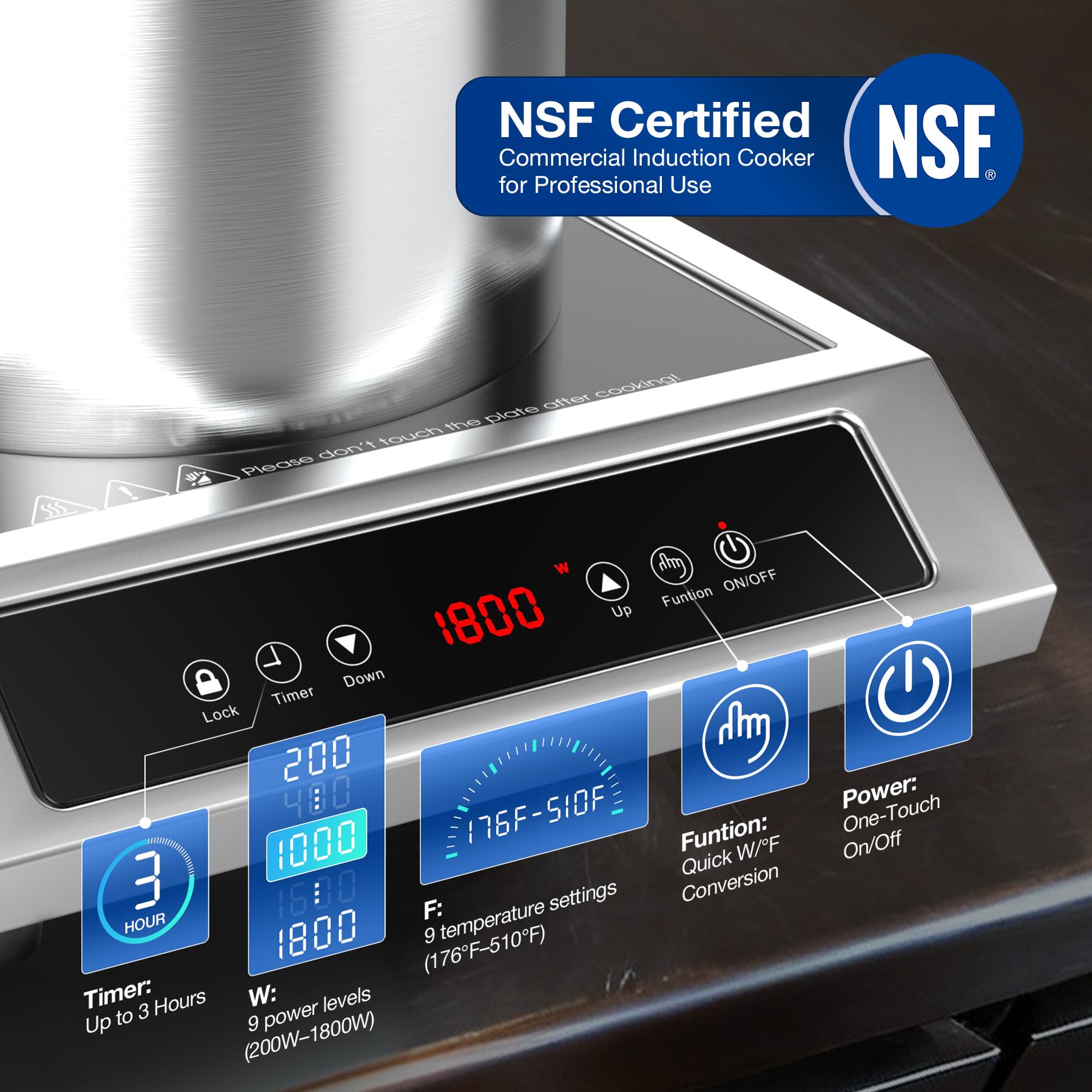 Plaque induction professionnelle 2000 W, feux électrique de comptoir 220V en acier inoxydable avec panneau tactile numérique et minuterie 3 heures pour restaurants, camping-cars