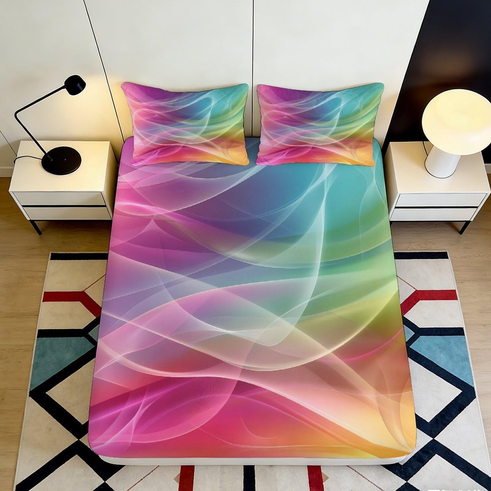 3D Printed Colorful Gradient Fitted Sheet Microfiber Soft Breathable Abstract Wave Mattress Cover for Bedroom Dormitory Guest Room Protection Decor 200x200x25cm